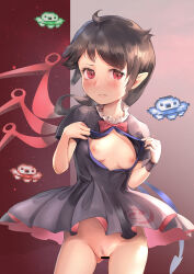 Rule 34 | 1girl, absurdres, asymmetrical wings, bar censor, black dress, black hair, blush, bow, bowtie, breasts, censored, clothes lift, dress, dress lift, female pubic hair, highres, houjuu nue, light particles, looking at viewer, nipples, no panties, pointy ears, pubic hair, pussy, red bow, red bowtie, red eyes, short dress, small breasts, solo, touhou, twisted torso, wings, yawdeone