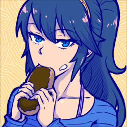 Rule 34 | 1girl, akairiot, black hair, blue eyes, casual, cream, cream on face, eclair (food), fire emblem, fire emblem awakening, food, food on face, long hair, looking at viewer, lowres, lucina (fire emblem), nintendo, solo, super smash bros., sweater, swimsuit, swimsuit under clothes