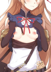 Rule 34 | 1girl, arisa (shadowverse), belt, blouse, blush, breasts, breasts apart, breasts out, brown gloves, closed mouth, clothes lift, clothes pull, dress, dress pull, elbow gloves, frown, gloves, high collar, highres, lifted by self, lips, long hair, morisobo, neck ribbon, nipples, orange hair, red ribbon army, ribbon, shadowverse, shirt, shirt lift, simple background, sleeveless, sleeveless shirt, small breasts, solo, upper body, utility belt, white background, white dress