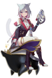 Rule 34 | animal ears, asymmetrical gloves, bare shoulders, belt, blue eyes, boots, bracelet, cat ears, cat girl, cat tail, chain, detached sleeves, elbow gloves, gloves, grey hair, gun, hanato (seonoaiko), high heel boots, high heels, holding, holding gun, holding weapon, honkai: star rail, honkai (series), jewelry, mismatched gloves, multicolored hair, numby (honkai: star rail), pet, short hair, shorts, simple background, sitting, sparkle, strap, streaked hair, tail, topaz (honkai: star rail), trotter (honkai: star rail), weapon, white background