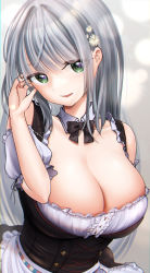 Rule 34 | bare shoulders, black bow, black bowtie, bow, bowtie, breasts, cleavage, coat, detached collar, detached sleeves, dress, flower, frilled dress, frills, green eyes, grey hair, hair flower, hair ornament, hand in own hair, head tilt, highres, hololive, large breasts, long hair, looking at viewer, open mouth, puffy short sleeves, puffy sleeves, rryiup, shirogane noel, short sleeves, smile, straight hair, upper body, virtual youtuber, white coat, white sleeves