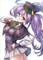 Rule 34 | 1girl, blood, blood bag, blush, breasts, buttons, capelet, closed mouth, fate/grand order, fate (series), glasses, green necktie, hair between eyes, hand on own hip, hane yuki, hat, highres, licking lips, long hair, long sleeves, looking at viewer, medium breasts, melty blood, necktie, pleated skirt, purple eyes, purple hair, purple hat, simple background, sion eltnam sokaris, skirt, smile, solo, tassel, thighs, tongue, tongue out, tsukihime, twintails, uniform, white background