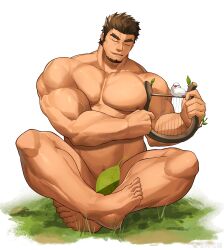 Rule 34 | 1boy, absurdres, arm hair, bara, barefoot, biceps, bird on intrument, brown hair, closed eyes, completely nude, convenient censoring, crossed ankles, facial hair, falling leaves, full body, goatee, grass, hands up, harp, highres, instrument, large pectorals, leaf, leaf censor, long sideburns, male focus, muscular, muscular male, music, nipples, nude, original, pectorals, playing instrument, pubic hair, short hair, sideburns, sitting, solo, sparse pubic hair, stomach, tekkowang, thick eyebrows, veins, veiny arms