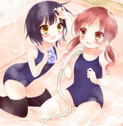Rule 34 | 2girls, :d, bad id, bad pixiv id, bad source, bathroom, black hair, black socks, black thighhighs, blue school swimsuit, blue one-piece swimsuit, blush, brown eyes, brown hair, collarbone, competition school swimsuit, dan ball, fang, from above, gochuumon wa usagi desu ka?, jouga maya, kneeling, long hair, looking at viewer, looking up, multiple girls, natsu megumi, one-piece swimsuit, open mouth, puddle, school swimsuit, short hair, shower head, showering, sitting, skindentation, smile, socks, swimsuit, thighhighs, twintails, wariza, wet, wet clothes, wet socks, wet swimsuit, wet thighhighs, white socks, white thighhighs