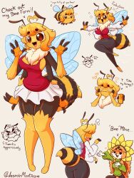 Rule 34 | 2girls, absurdres, ahoge, antennae, arthropod girl, artist name, bee, bee girl, bee wings, black pants, blonde hair, blush, breasts, bug, cleavage, colored skin, double v, english text, flower, fluffy, furry, furry female, grey background, hands on own face, highres, huge ahoge, insect, insect girl, jasmin (jasminthemanticore), jasminthemanticore, large breasts, lisa (jasminthemanticore), looking at viewer, miniskirt, monster girl, multiple girls, multiple views, open mouth, original, pants, red shirt, shirt, simple background, skirt, sleeveless, sleeveless shirt, smile, thick thighs, thighs, v, white skirt, yellow skin