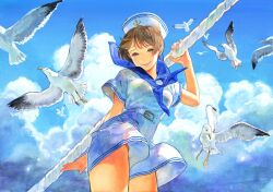 Rule 34 | 1girl, arm up, belt, bird, blue theme, brown eyes, brown hair, cloud, cloudy sky, flock, hat, looking at viewer, making-of available, mole, mole above eye, neckerchief, original, outdoors, parted lips, rope, sailor, sailor collar, sailor hat, sailor shirt, seagull, shirt, short hair, shorts, sky, smile, wind, yuu (mol)