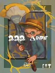Rule 34 | 1boy, blue jacket, bow, brown hat, closed mouth, commentary request, copyright name, hat, hat bow, highres, inkbrush (splatoon), inkling, inkling (language), inkling boy, inkling player character, jacket, male focus, multicolored background, nintendo, octobrush (splatoon), outside border, painbrush (splatoon), pointy ears, short hair, solo, splatoon (series), splatoon 3, tears, tentacle hair, totocosakana, yellow bow