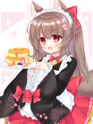 Rule 34 | 1girl, :d, animal ears, apron, black kimono, blueberry, bow, brown hair, butter, commentary request, flower, food, fox ears, fox girl, fox tail, frilled apron, frilled sleeves, frills, fruit, hair between eyes, hair bow, hair flower, hair ornament, hands up, highres, holding, holding plate, japanese clothes, kimono, long hair, long sleeves, looking at viewer, maid, maid apron, maid headdress, open mouth, original, pancake, pancake stack, pink background, pink flower, plate, pleated skirt, ponytail, red bow, red eyes, red skirt, shikito (yawa0w0), skirt, smile, solo, sparkle, strawberry, tail, two-tone background, very long hair, wa maid, white apron, white background, wide sleeves