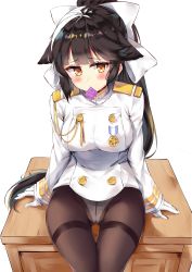 Rule 34 | 1girl, aiguillette, arms at sides, azur lane, bad id, bad pixiv id, black hair, black pantyhose, blunt bangs, blush, bow, breasts, condom, condom in mouth, condom wrapper, crotch seam, dombear, gloves, gusset, hair bow, high ponytail, highres, jacket, long hair, long sleeves, looking at viewer, medium breasts, military jacket, mouth hold, no pants, panties, panties under pantyhose, pantyhose, raised eyebrows, shelf, simple background, sitting, solo, takao (azur lane), thigh gap, thighband pantyhose, underwear, very long hair, white background, white bow, white gloves, white jacket, white panties