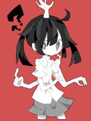 Rule 34 | 1girl, aidia (aida443), black hair, extra arms, female focus, highres, monoko, monster girl, pale skin, red background, simple background, skirt, solo, twintails, yume nikki