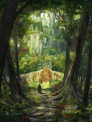 Rule 34 | absurdres, architecture, castle, commentary, critical role, dappled sunlight, day, dungeons & dragons, dungeons &amp; dragons, english commentary, fantasy, flower, forest, gate, grass, highres, idrawbagman, moss, nature, outdoors, people, plant, scenery, spire, stairs, stone walkway, sunlight, tower, tree, walking