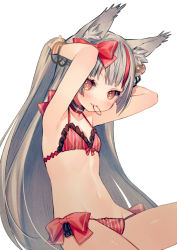 Rule 34 | 1girl, adjusting hair, animal ear fluff, animal ears, asagi yuna, azur lane, breasts, commentary request, grey hair, hair ornament, hair ribbon, highres, kamikaze (azur lane), long hair, looking at viewer, navel, ribbon, small breasts, solo, swimsuit, white background, yellow eyes