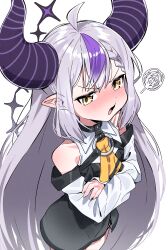 Rule 34 | 1girl, ahoge, annoyed, ascot, black dress, blush, braid, braided bangs, collar, crossed arms, dated commentary, demon girl, demon horns, detached sleeves, dress, grey hair, highres, hololive, horns, la+ darknesss, long hair, looking at viewer, multicolored hair, o-ring, open mouth, pointy ears, purple hair, purple horns, simple background, solo, squiggle, standing, streaked hair, striped horns, tail, tosyeo, v-shaped eyebrows, very long hair, virtual youtuber, white background, white sleeves, yellow ascot, yellow eyes