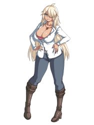Rule 34 | 1girl, :3, ahoge, blonde hair, boots, breasts, brown footwear, brups tv, cleavage, collared shirt, commission, dark-skinned female, dark skin, denim, hair over one eye, hands on own hips, high heel boots, high heels, highres, jeans, large breasts, long hair, looking at viewer, looking to the side, one eye covered, open clothes, open shirt, original, pants, shirt, smile, solo, white background, white shirt
