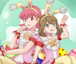 Rule 34 | 2girls, alternate costume, animal ears, brown hair, choker, cosplay, creatures (company), dress, easter egg, egg, fake animal ears, game freak, grey eyes, highres, looking at viewer, may (pokemon), may (pokemon) (cosplay), may (spring 2021) (pokemon), multiple girls, nintendo, official alternate costume, open mouth, pantyhose, pink choker, pink dress, pink eyes, pink hair, pokemon, pokemon hgss, pokemon masters ex, rabbit ears, sakuds, tomboy, whitney (pokemon), wrist cuffs
