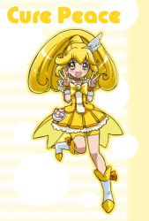 Rule 34 | 10s, 1girl, :d, bike shorts, bike shorts under skirt, blonde hair, boots, bow, bowtie, brooch, character name, choker, cure peace, double v, dress, eyelashes, full body, hair flaps, hair ornament, hairpin, happy, jewelry, kise yayoi, long hair, magical girl, nanjou akimasa, open mouth, precure, shorts, shorts under skirt, skirt, smile, smile precure!, solo, standing, standing on one leg, v, white background, wide ponytail, yellow bow, yellow bowtie, yellow dress, yellow eyes, yellow shorts, yellow skirt, yellow theme