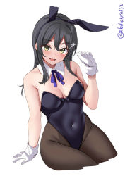 Rule 34 | 1girl, animal ears, bare shoulders, black hair, black leotard, black pantyhose, blush, breasts, collarbone, covered navel, detached collar, ebifurya, fake animal ears, gloves, green eyes, hair between eyes, hair ornament, hand up, highleg, highleg leotard, highres, kantai collection, leotard, long hair, looking at viewer, medium breasts, neck ribbon, one-hour drawing challenge, open mouth, oyashio (kancolle), pantyhose, playboy bunny, purple ribbon, rabbit ears, ribbon, simple background, solo, strapless, strapless leotard, twitter username, white background, white gloves