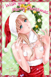 Rule 34 | 10s, 1girl, 2013, blonde hair, blue eyes, breasts, christmas, dated, english text, hat, highres, kinoebi, lips, long hair, looking at viewer, merry christmas, nipples, original, parted lips, santa hat, signature, solo, wreath