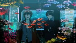 Rule 34 | 2boys, :d, air bubble, aquarium, black gloves, black hair, bubble, coral, crossed arms, fish, fish tank, gakuran, glasses, gloves, hair between eyes, hand on glass, hat, highres, jellyfish, long sleeves, male focus, multiple boys, open mouth, original, red eyes, satuma s, scenery, school uniform, smile, tropical fish