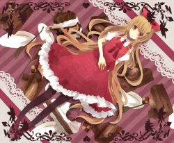Rule 34 | 1girl, alice (alice in wonderland), alice in wonderland, bad id, bad pixiv id, bow, brown hair, cake, chocolate, chocolate cake, dress, dutch angle, female focus, food, full body, hair bow, long hair, mary janes, neck ribbon, pantyhose, plant, red eyes, ribbon, shoes, solo, tapa, very long hair