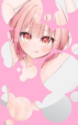 Rule 34 | 1girl, absurdres, armpits, arms up, blush, bubble filter, closed mouth, collarbone, commentary request, grey background, hair between eyes, highres, hijouguti, navel, original, pink hair, red eyes, solo, tongue, tongue out, two-tone background