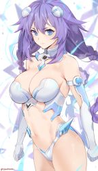 Rule 34 | 1girl, armor, artist name, bare shoulders, bikini armor, blue eyes, braid, breasts, cleavage, closed mouth, cowboy shot, detached collar, elbow gloves, gloves, hair ornament, highres, large breasts, long hair, looking at viewer, midriff, navel, neptune (series), purple heart (neptunia), sendo (sendrawz), sidelocks, skindentation, solo, symbol-shaped pupils, twin braids, twitter username, white gloves