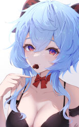 Rule 34 | 1girl, absurdres, ahoge, bare shoulders, black bra, blue hair, blush, bow, bowtie, bra, breasts, candy, chocolate, chocolate heart, cleavage, collarbone, food, food in mouth, ganyu (genshin impact), genshin impact, heart, highres, horns, light smile, long hair, looking at viewer, medium breasts, pisuke (user kcmh2774), purple eyes, red bow, sidelocks, solo, underwear, upper body