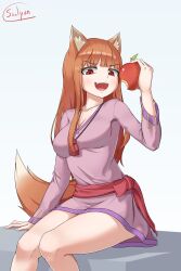 Rule 34 | 1girl, :3, :d, absurdres, animal ear fluff, animal ears, apple, bitten apple, blunt bangs, blush, breasts, brown hair, cleavage, collarbone, commentary, curvy, dress, fangs, feet out of frame, food, food bite, fruit, highres, holding, holding food, holding fruit, holo, knees together feet apart, long hair, long sleeves, looking at viewer, medium breasts, open mouth, purple dress, red apple, red eyes, short dress, sidelocks, signature, simple background, sitting, smile, smug, solo, spice and wolf, ssalyun, straight hair, tail, teeth, thighs, tsurime, upper teeth only, v-shaped eyebrows, white background, wolf ears, wolf girl, wolf tail
