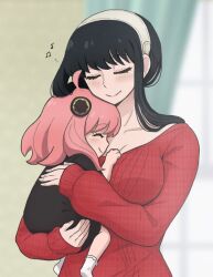 Rule 34 | 2girls, anya (spy x family), black hair, breasts, carrying, child, cleavage, hairband, happy, hug, large breasts, medium breasts, mother and daughter, multiple girls, musical note, pink hair, red sweater, smile, spy x family, sweater, yor briar, yui (jisatsu)