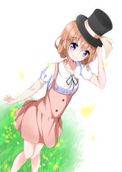 Rule 34 | 1girl, absurdres, alternate costume, bad id, bad pixiv id, black hat, black ribbon, blurry, blush, breasts, buttons, closed mouth, collarbone, collared shirt, commentary request, cowboy shot, depth of field, dutch angle, gochuumon wa usagi desu ka?, grass, hair between eyes, hair ribbon, hand on headwear, hat, highres, hoto cocoa, knees together feet apart, legs together, looking at viewer, low twintails, mottsun (i 40y), orange hair, petals, pink skirt, puffy short sleeves, puffy sleeves, purple eyes, ribbon, shirt, short hair, short sleeves, skirt, small breasts, smile, solo, standing, top hat, twintails, underbust, white background, white ribbon, white shirt