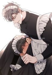 Rule 34 | 2boys, apron, black hair, blush, buttons, closed eyes, grey hair, highres, ilay riegrow, jeong taeui, long sleeves, looking down, maid, maid apron, male focus, multiple boys, o ssion, parted lips, passion (manhwa), simple background, smelling, smile, sweatdrop, twitter username, upper body, white background, yaoi