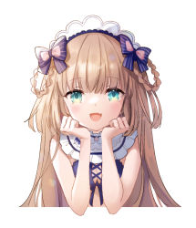 Rule 34 | 1girl, bare shoulders, blush, bow, breasts, brown hair, chocofox, commentary request, fang, green eyes, hair ornament, indie virtual youtuber, long hair, looking at viewer, mochicomame, open mouth, simple background, solo, striped, striped bow, virtual youtuber, white background