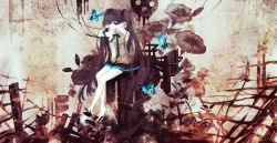 Rule 34 | 1girl, blue eyes, blue hair, bug, butterfly, female focus, flower, hatsune miku, highres, bug, long hair, matching hair/eyes, mirusa, monochrome, sitting, skirt, solo, spot color, twintails, very long hair, vocaloid