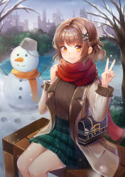Rule 34 | 1girl, absurdres, bad id, bad pixiv id, bag, bare tree, bench, blue skirt, braid, breath, brown hair, brown sweater, bucket, bucket hat, chain, city, closed mouth, coat, commentary request, day, french braid, grey sky, hair intakes, hair ornament, hairclip, hands up, hat, highres, long coat, long sleeves, looking at viewer, meliyannn, miniskirt, object on head, open clothes, open coat, orange eyes, original, outdoors, plaid, plaid skirt, pleated skirt, ribbed sweater, ribbon, scarf, shirt tucked in, short hair, shoulder bag, sidelocks, sitting, skirt, sky, skyline, smile, snow, snowing, snowman, solo, sweater, tree, v, white coat, white ribbon, winter, winter clothes, x hair ornament
