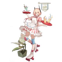 Rule 34 | 1girl, :d, animal print, apron, banner, blonde hair, cat print, cup, dress, drinking glass, drinking straw, food, full body, girls&#039; frontline, hair between eyes, headgear, highres, holding, holding tray, ice, ice cream, ice cream float, ice cube, knee pads, looking at viewer, m4 sopmod ii (girls&#039; frontline), m4 sopmod ii (racing parfait) (girls&#039; frontline), multicolored hair, necktie, official alternate costume, official art, open mouth, pink dress, pink necktie, plant, potted plant, print apron, puffy short sleeves, puffy sleeves, red eyes, red hair, red socks, roller skates, short sleeves, simple background, skates, smile, socks, solo, spoon, standing, standing on one leg, streaked hair, sundae, third-party source, transparent background, tray, umo (mica team), wafer stick, waitress, white apron, white background, white footwear