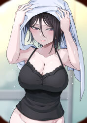 Rule 34 | 1girl, arms up, bang dream!, bare arms, bare shoulders, bathroom, black camisole, black hair, blurry, blurry background, bottomless, breasts, camisole, cleavage, closed mouth, collarbone, commentary request, covered navel, cowboy shot, drying, drying hair, fingernails, groin, hair between eyes, highres, holding, holding towel, indoors, kitayu, large breasts, light blush, long bangs, looking away, looking down, out-of-frame censoring, peeking, pink eyes, short hair, solo, spaghetti strap, standing, steam, towel, towel on head, water drop, wet, wet hair, yashio rui