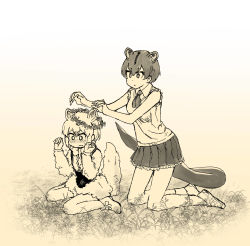 Rule 34 | 10s, 2girls, anteater ears, anteater tail, bare shoulders, blush, bow, bowtie, brown hair, commentary request, flower, fluffy, fossa (kemono friends), fossa ears, fossa tail, frilled skirt, frills, greyscale, head wreath, highres, kemono friends, long sleeves, monochrome, multiple girls, neckerchief, nose blush, ouka (yama), pantyhose, pleated skirt, seiza, short hair, shorts, sitting, skirt, socks, southern tamandua (kemono friends), suspenders, vest, white hair