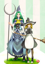Rule 34 | 2girls, alternate costume, apron, arm garter, ascot, black dress, black hat, blonde hair, blue dress, blue hat, bow, braid, broom, capelet, crescent, dress, green eyes, green hair, hat, hat bow, highres, hiragana oufu, holding, holding broom, holding staff, kirisame marisa, long hair, long sleeves, looking at another, mima (touhou), multiple girls, mushroom, pantyhose, side braid, staff, touhou, touhou (pc-98), waist apron, white bow, witch hat, wizard hat, yellow ascot, yellow eyes