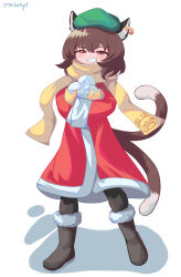 Rule 34 | 1girl, absurdres, adapted costume, animal ear piercing, animal ears, artist name, blush, boots, brown eyes, brown hair, cat ears, cat tail, chen, coat, earrings, full body, fur-trimmed boots, fur trim, green hat, grin, half-closed eyes, hat, highres, jewelry, long sleeves, medium hair, mibukyt, mittens, multiple tails, nekomata, red coat, shadow, simple background, single earring, smile, snowball, solo, standing, tail, touhou, two tails, white background