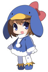 Rule 34 | 1girl, :d, animal hat, animal hood, blue coat, blue eyes, blue footwear, blue hat, blush, boots, bow, brown hair, chibi, coat, commentary request, copyright request, full body, fur-trimmed coat, fur-trimmed sleeves, fur trim, hair between eyes, hat, hood, long sleeves, mittens, open mouth, osaragi mitama, pantyhose, penguin hat, pom pom (clothes), red bow, scarf, short hair, smile, solo, standing, white mittens, white pantyhose, white scarf