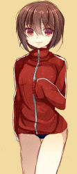 Rule 34 | 1girl, breasts, brown hair, buruma, female focus, gym shorts, gym uniform, long sleeves, maguro (gulen-x), no pants, original, red eyes, short hair, shorts, simple background, sleeves past wrists, smile, solo, track suit