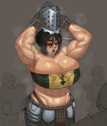 Rule 34 | 1girl, 3boys, abs, armor, armpits, arms up, bare shoulders, biceps, black hair, black lips, blush, breasts, bursting breasts, cleavage, closed eyes, cowboy shot, curvy, emblem, english text, grey background, hair between eyes, helmet, highres, holding, holding helmet, huge breasts, krekkov, lipstick, makeup, multiple boys, muscular, muscular female, navel, original, scar, shiny clothes, shiny skin, short hair, skindentation, steam, steaming body, strapless, sweat, undressing, whale tail (clothing)