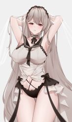 Rule 34 | 1girl, absurdres, armpits, arms behind head, azur lane, black choker, black neckerchief, black panties, black sailor collar, breasts, choker, clothing cutout, cowboy shot, dress, feather dress, formidable (azur lane), formidable (timeless classics) (azur lane), grey hair, highres, large breasts, long hair, looking at viewer, nanako94418108, navel cutout, neckerchief, official alternate costume, panties, presenting armpit, red eyes, sailor collar, simple background, sleeveless, sleeveless dress, solo, standing, twintails, two-tone dress, two-tone ribbon, underwear, veil, very long hair, white background, white dress