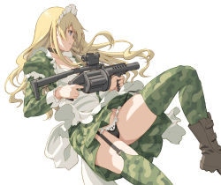 Rule 34 | 1girl, apron, black panties, blonde hair, blue eyes, boots, camouflage dress, choker, commentary request, frilled panties, frills, grenade launcher, gun, headdress, holding, holding gun, holding weapon, milkor mgl, maid apron, milkor mgl, original, panties, pinakes, revolver grenade launcher, simple background, solo, underwear, weapon, white background