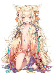 Rule 34 | 1girl, animal ear fluff, animal ears, arm up, armband, bell, blonde hair, bottomless, breasts, clenched hand, collarbone, convenient censoring, fox ears, full body, gluteal fold, hair bell, hair ornament, hair ribbon, hairclip, highres, japanese clothes, jingle bell, kimono, long sleeves, looking at viewer, navel, no bra, no panties, open clothes, open mouth, original, ribbon, shenhai (2556146833), simple background, sitting, sleeves past wrists, small breasts, solo, striped ribbon, thighs, white background, yellow eyes