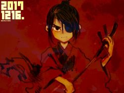 Rule 34 | 1boy, black eyes, eyepatch, instrument, kubo (kubo and the two strings), kubo and the two strings, looking at viewer, male focus, music, playing instrument, red background, sasaki tomomi, shamisen, simple background, solo, upper body