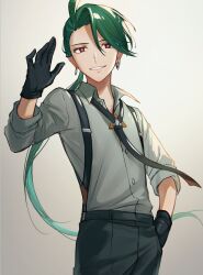Rule 34 | 1girl, ahoge, black gloves, black necktie, black pants, bright pupils, collared shirt, cowboy shot, creatures (company), earrings, game freak, gloves, gradient background, green hair, grey background, grey shirt, hand in pocket, hand up, highres, jewelry, long hair, looking at viewer, low ponytail, n@o (nao), necktie, nintendo, open collar, pants, parted lips, pokemon, pokemon sv, red eyes, reverse trap, rika (pokemon), shirt, sleeves rolled up, smile, solo, suspenders, triangle earrings, waving, white background, white pupils