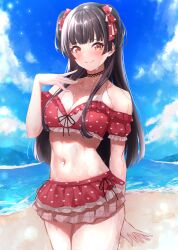 Rule 34 | 1girl, absurdres, bare shoulders, beach, bikini, black hair, blue sky, blunt bangs, blush, bow, breasts, brown eyes, choker, cleavage, closed mouth, cloud, collarbone, commentary, cowboy shot, day, dot nose, frilled bikini, frills, hair bow, hair ribbon, hand up, heart, heart choker, heart print, highres, idolmaster, idolmaster shiny colors, lens flare, long hair, looking at viewer, mayuzumi fuyuko, medium breasts, mountain, navel, ocean, open hands, outdoors, print bikini, print ribbon, red bikini, red ribbon, ribbon, sky, smile, solo, standing, swimsuit, tonguewasabi, two side up, wet