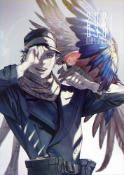 Rule 34 | 1boy, :d, animal on arm, belt pouch, bird, bird on arm, clenched hand, dated, golden kamuy, hand up, happy birthday, hat, highres, long sleeves, male focus, open mouth, parrot, pouch, scar, scar on face, scar on nose, scarf, smile, sugimoto saichi, w55674570w