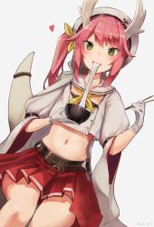 Rule 34 | 1girl, azur lane, beret, bowl, chopsticks, collarbone, commentary request, crop top, detached collar, dragon horns, dragon tail, dutch angle, eating, food, gloves, green eyes, grey background, hair ribbon, hand up, hat, heart, highres, holding, holding bowl, holding chopsticks, horns, long hair, looking at viewer, midriff, miniskirt, navel, neckerchief, parted lips, pink hair, pleated skirt, puffy sleeves, red skirt, ribbon, ryuujou (azur lane), sailor collar, shirt, side ponytail, sidelocks, simple background, sitting, skirt, solo, stomach, tail, twitter username, v-shaped eyebrows, white gloves, white hat, white sailor collar, white shirt, wide sleeves, yellow neckerchief, yellow ribbon, yu ni t